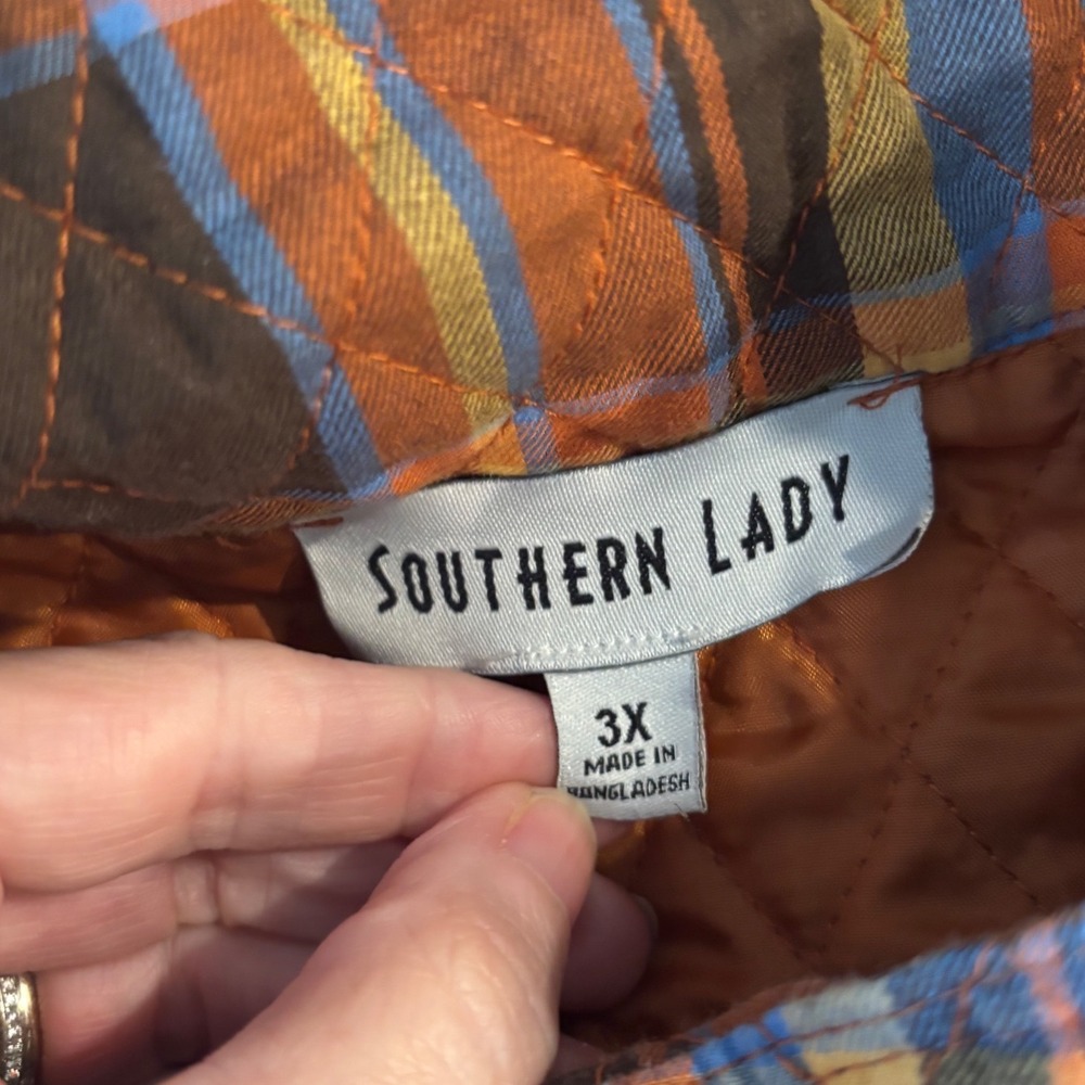 Southern Lady Womens 3X Quilted Plaid Vest Orange Blue Full Zip Pockets 0068W - Picture 6 of 7